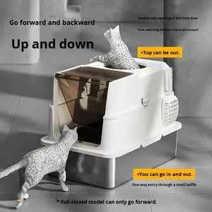 Caja de arena extra grande de acero inoxidable para gatos, bandeja elevada semicerrada a prueba de olores con salida superior, accesorio de inodoro a prueba de salpicaduras - Product Image 4