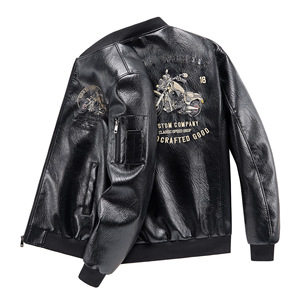 Blouson bomber brodé <span class=keywords><strong>à</strong></span> col montant pour <span class=keywords><strong>homme</strong></span> grande taille, idéal pour <span class=keywords><strong>la</strong></span> <span class=keywords><strong>moto</strong></span> |   Blouson aviateur en cuir doublé polaire ample - Product Image 1