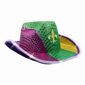 狂欢节快乐派对珠宝供应商装饰品套装紫色金色绿色发光二极管灯牛仔帽