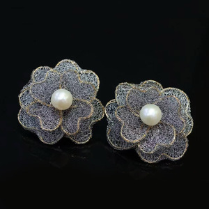 Handmade Floral Lace Pearl Dangle <b>Earrings</b>, USA Imported 14K Gold Filled Fittings, Italian Lace Craft, Natural Freshwater Pearl - Product Image 2