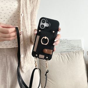 Étui de téléphone en cuir avec anneau métallique, bandoulière longue, porte-cartes et portefeuille, coque arrière de protection pour <span class=keywords><strong>iPhone</strong></span> 17 16 15 14 13 12 Pro Max - Product Image 4