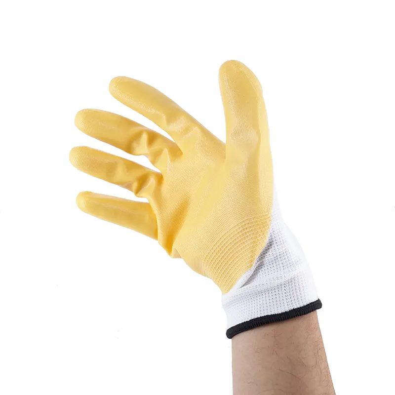 Luvas de trabalho em nitrilo resistente ao desgaste com acabamento revestido de nitrilo amarelo poliéster branco 13G