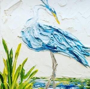 Cuadro en lienzo de garza azul moderna con alas texturizadas, arte hecho a mano, decoración de pared de naturaleza muerta, rectangular, tamaño mediano de 18 pulgadas, decoración para el hogar - Product Image 1