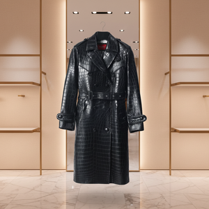 Manteau trench en cuir de crocodile du Nil, veste sur mesure OEM pour femme, doublure 100% soie de mûrier, veste longue à double boutonnage - Product Image 1