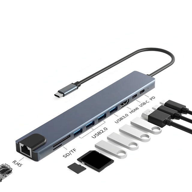 USB-C 9-in-1 Hub with USB 3.0 for 4K RJ45 Ethernet PD100W Charging SD/TF Card Reader for Laptop/Tablet/Phone