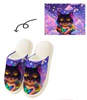 Chaussons Doux et Chauds en Coton Doux et Moelleux à Imprimé Chat Noir Rêveur avec Semelle Extérieure en EVA pour Femme et Homme – Idéal Printemps, Hiver, Maison, Cadeau