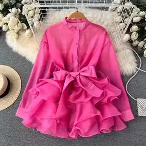 Um tamanho chiffon chic top chiffon camisa Outono Nova Plizado Borda das Mulheres High Grade Bow Tie Shirt