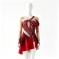 Robe de danse asymétrique rouge bordeaux pour enfants et adultes, avec strass et franges, jupe superposée, pour spectacle de patinage artistique