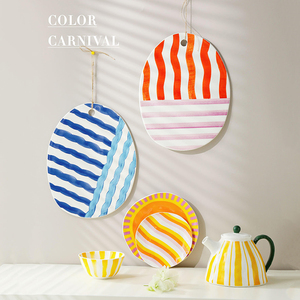Service de table moderne de <span class=keywords><strong>luxe</strong></span> LovingHome Nordic, assiettes à dessert en porcelaine à rayures colorées personnalisées, bol, théière - Product Image 2