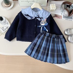 Nouvelle tenue de policier lapin pour filles, style scolaire, ensemble JK élégant en trois pièces, motif de dessin animé, jupe pour enfants en laine peignée - Product Image 1