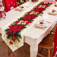 Chemin de table en lin rouge et or à fleurs avec pompons, 183*33cm, pour Noël, décoration de table de Noël