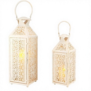 <b>Set</b> of 2 Vintage White Iron Candle <b>Lanterns</b> Table & Hanging Decor Portable Home Decor for Garden Living Room Parties Weddings - Product Image 2