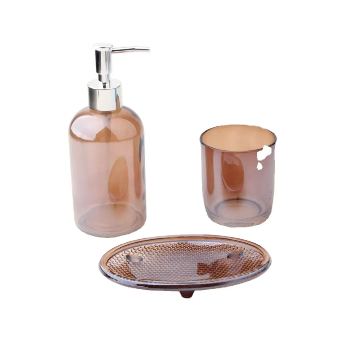 Organisateur de haute qualité brillant brun ensemble de bain verre désinfectant pour les mains bouteille porte-savon verre brosse à dents tasse 3ps ensemble pour salle de bain déco