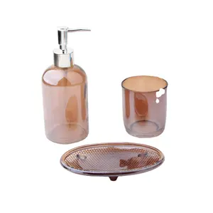 Organisateur de haute qualité brillant brun ensemble de bain verre désinfectant pour les mains bouteille porte-savon verre brosse à dents tasse 3ps ensemble pour salle de bain déco