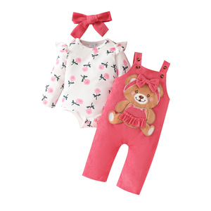 Tutina floreale a maniche lunghe per bambina + salopette in peluche con orsetto e set con fascia per capelli, pantaloni in velluto a coste tinta unita - Product Image 6