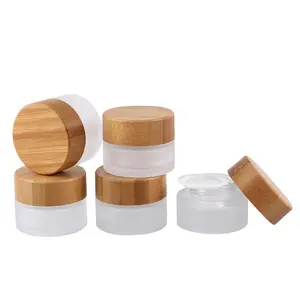 Frosted Glass Round Refillable Cosmetics Packaging Face Cream Containers Empty Bamboo Glass Jar