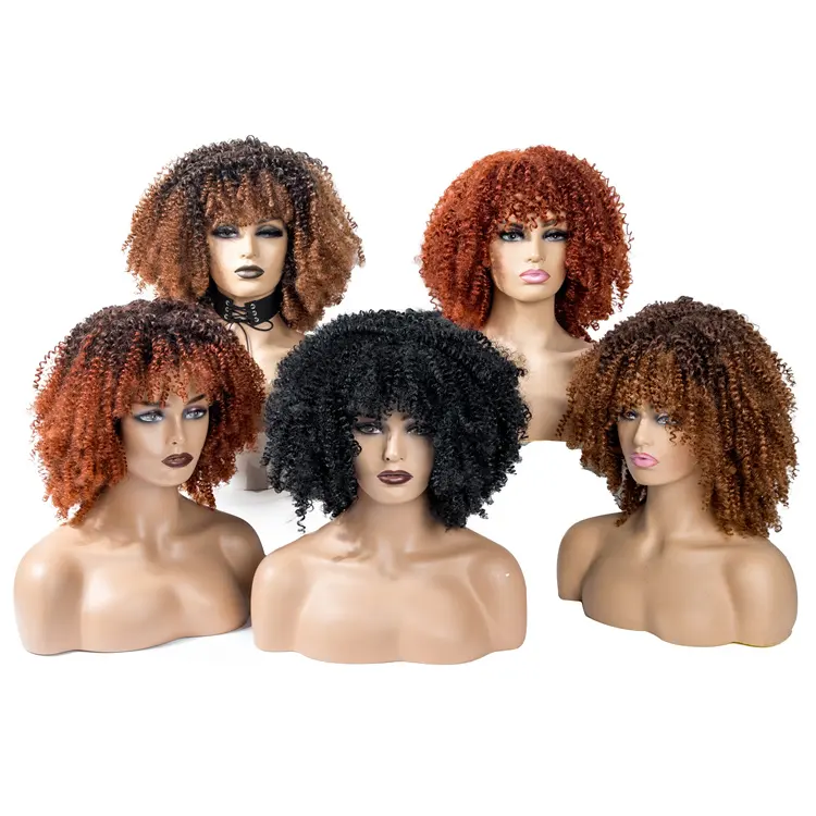 Hot selling High Temperature Fiber Short Afro Kinky Curly Synthetic Wigs Natural Looking Dark Brown Mixed Black Hair for Women