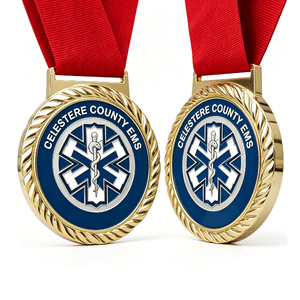 Medalla de EMS del Condado de Celestere, Chapada en Oro, Aleación de Zinc, Esmalte Duro Circular, con Cinta Roja, Regalo Empresarial - Product Image 2