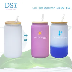 Factory wholesale sublimation 16oz frosted with bamboo lid blue pink yellow orange cold color-changing glass can