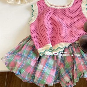 Jojo Korean Childrens Wear Pink Crochet Top Plaid Skirt Set Summer Outfit For Girls - Product Image 3
