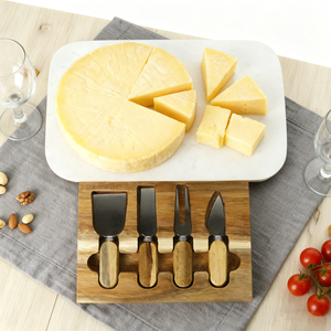 Tabla de cortar para servir queso de madera y mármol de Acacia rectangular de casa natural con juego de cuchillos y cajón - Product Image 1