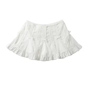 白色前领结蕾丝甜美风格休闲时尚女裙短裤