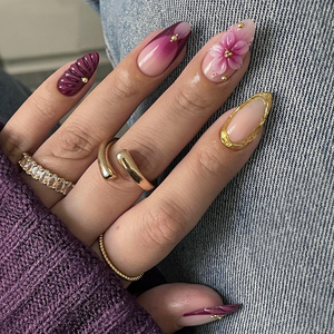 Lot de 24 faux ongles à presser, forme amande courte, coupe large, rouge et bleu, avec fleurs 3D et strass, emballage personnalisé, OEM ODM - Product Image 2