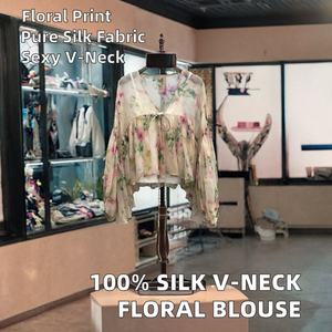Blusa de Seda 100% con Estampado Floral, Cuello en V, Manga Farol, Camisa Holgada Tejida para Primavera/Verano, Mujer - Product Image 2