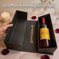 Boîte cadeau de luxe noire personnalisée pour vin, emballage premium en carton rigide mat pour bouteille unique avec logo en feuille d'or, boîte vide personnalisée pour vin