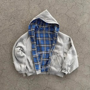 Sweat à capuche réversible personnalisé à carreaux pour <span class=keywords><strong>homme</strong></span>, <span class=keywords><strong>veste</strong></span> à double fermeture éclair, coupe ample, épaules tombantes, 2-en-1, style urbain - Product Image 1
