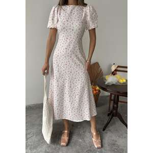 Vestido A-Line con Estampado Floral Rosa, Cintura Natural, Cuello Joya, Tejido Transpirable, Uso Diario Informal - Product Image 2