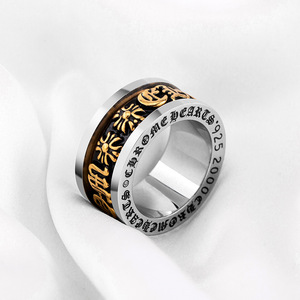 yunnique European American Retro Punk Style <b>Black</b> Gold Wide <b>Titanium</b> Steel Rotating Letter <b>Ring</b> Everyday Wear - Product Image 4
