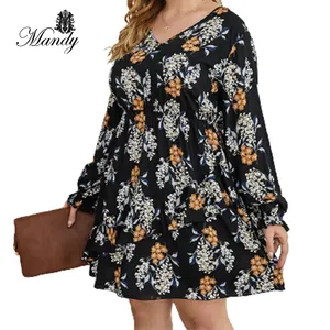 Mandy 2023 New arrival V-neck swing print shirt dress long sleeve women