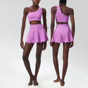 Bra Tank top olahraga Golf wanita, 2 buah pakaian latihan tanpa kelim bahu tenis atletik cepat kering Satu bahu Set rok - Product Image 6