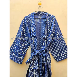 Kimono ample en lin et coton imprimé indigo pour femme, robe, cardigan, chemise de plage, cache-maillot de bain sexy, tenue d'été - Product Image 5