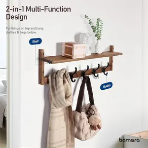 Wall Hooks with Shelf Wood Coat Rack Entryway Hanging Shelf with 5 Metal Hooks for Clothes Hats Towel