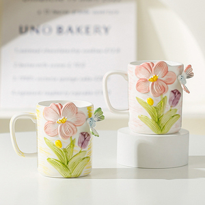 Hot Selling Embossed Flower and Butterfly Ceramic Mug Hand Painted Aesthetic Coffee Mug - Product Image 3