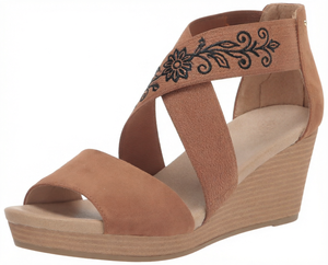 Sandales compensées brodées florales couleur tan à bout ouvert, mules à plateforme à enfiler pour femme, chaussures d'été habillées - Product Image 1