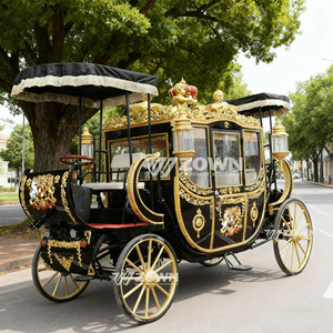 Calèche royale noire et dorée avec détails ornés et rideaux en dentelle pour séance photo de mariage - Product Image 5