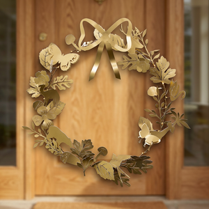 Corona de Metal Dorado Redonda con Flores Decorativas Hechas a Mano, Estilo Glamuroso, Navidad, Sin Iluminación, Paquete Individual - Product Image 3