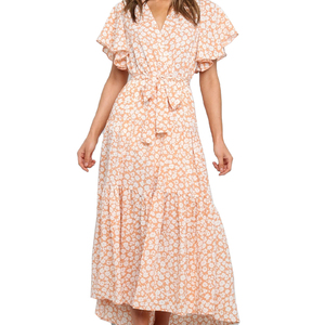 Fladderende Mouw A-Lijn Ruche Zoom Midi Jurk Koraalroze Feestjurken Gebloemde Knoop Wikkeljurk - Product Image 2