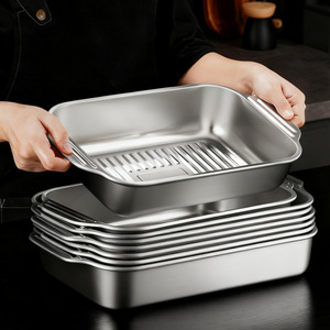 Stainless Steel <b>Grilled</b> Fish Plate Deep Rectangular With Lid Double Handles For Home Seafood Cooking - Product Image 2