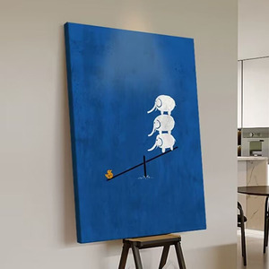 Klein Blue Oil Painting Three Elephants Balancing Duck Childrens Room Wall <b>Art</b> Hand Painted Frameless Canvas Artwork - Product Image 4