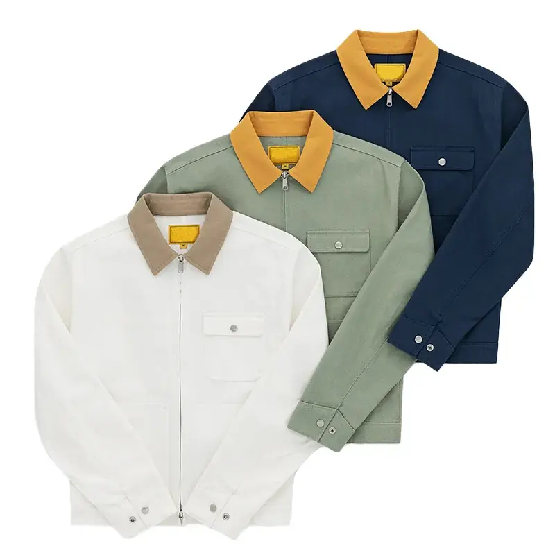 Logotipo personalizado homem camisa colarinho liso forrado pesado lona carga bolsos treinadores jaqueta mens designer trabalho jaqueta