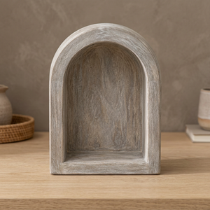 Étagère murale rustique artisanale à double niveau en bois de manguier avec niche cintrée |   Meubles de rangement pour salon, design Santorini, vente en gros - Product Image 3