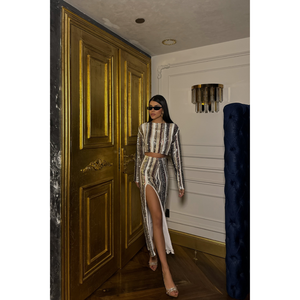 <b>Black</b> Stripe <b>Sequin</b> Crop Blouse and Above Knee Slit <b>Skirt</b> Set Formal 2-Piece Outfit XS Size Skinny Fit for Winter - Product Image 3