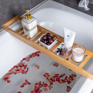 Simple bamboo bathtub <b>shelf</b>, Japanese style tray, bathroom bath rack, multi-functional bathtub rack, customizable. - Product Image 3