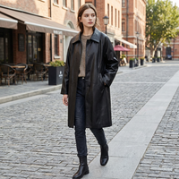 Damen Schwarzer PU-Kunstleder Mantel, Minimalistischer Stil, Reverskragen, Einreihig, Lange Ärmel, Locker Geschnitten, Mittellang, Lässige Oberbekleidung