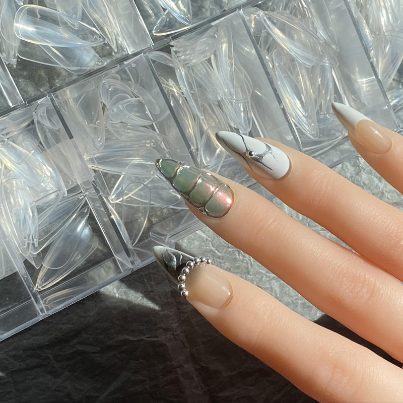 TSZS New Arrival Finger Nails Design Long Stiletto Shape Clear Full Cover False Nail Transparent ABS Fake Nail Tips