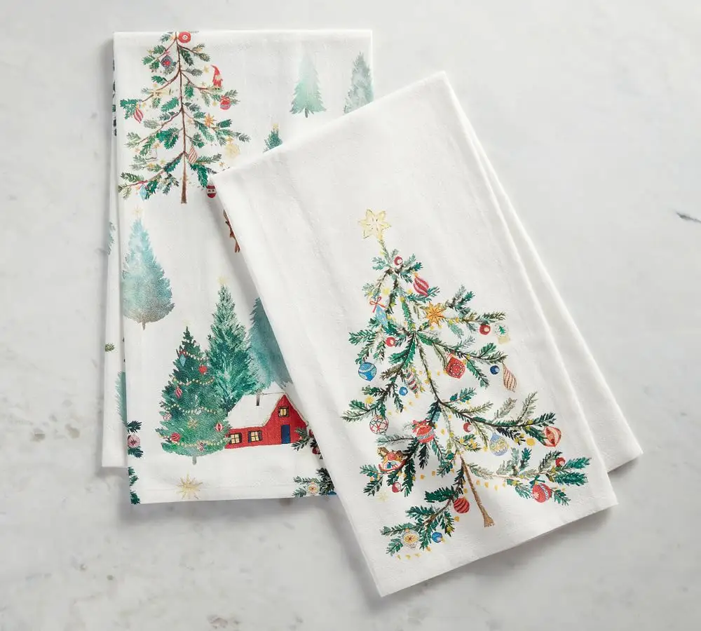 organic Cotton linen absorbent Christmas kitchen Towel pack embroidery Custom printed design reusable Kitchen Tea Towel set